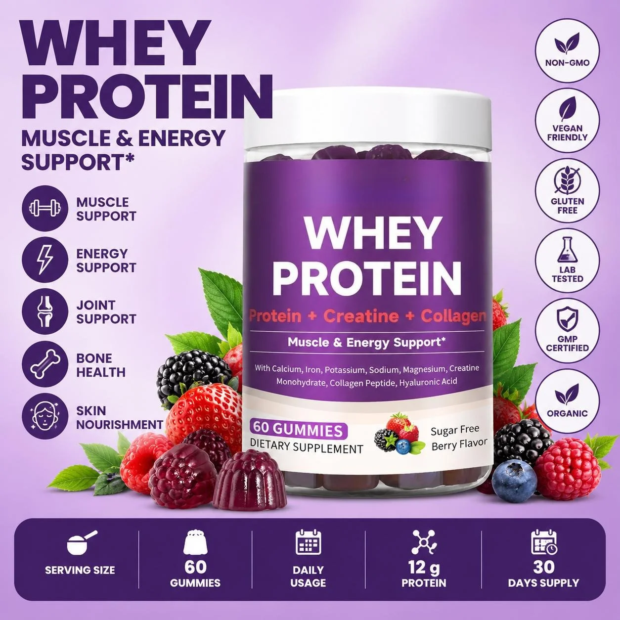 Whey Protein Gummies 12g with Creatine, Collagen & Hyaluronic Acid for Muscle, Energy, Joint & Skin Support Berry 60 Gummies