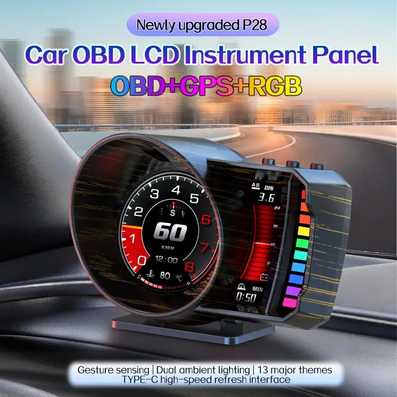 P28 Car HUD Obd2 On-board Computer OBD+GPS+RGB Gesture Recognition Speedometer Windshield Speed Turbo RPM Switch For Car Fault