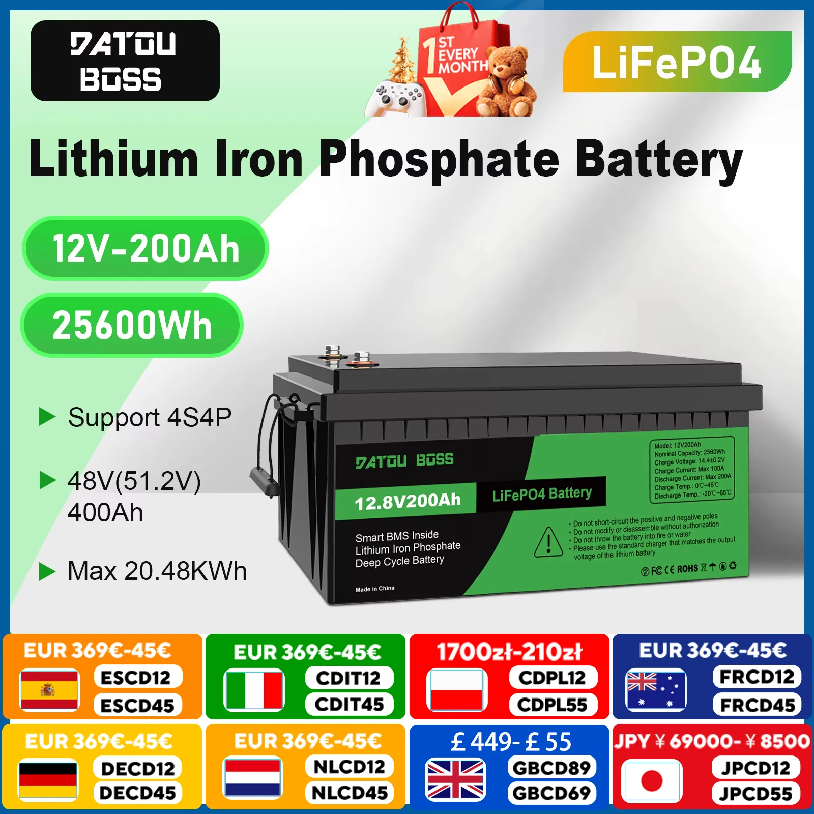 

DATOUBOSS 12V200Ah Portable Rechargeable LiFePO4 Battery Built-in Intelligent BMS System akumulator 12v for RV Solar No VAT