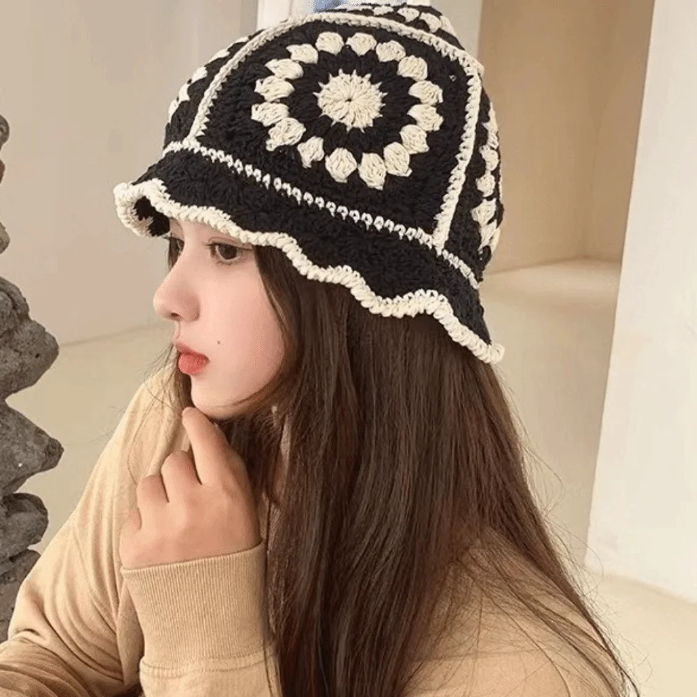 

Fashion Fleece thread Knitted Fisherman Hat Hollow Korean Style Flower Sun Hat Bucket Hat Student