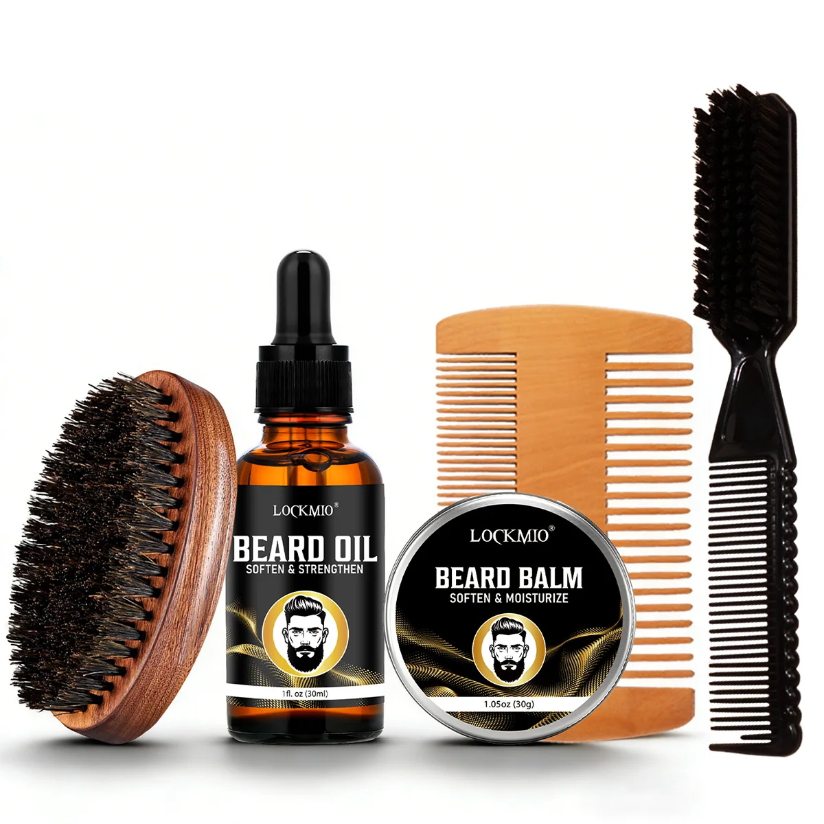 LOCKMIO Beard Moisturizing & Nourishing Oil，Hydration Beard Serum and Softening Styling Balm Butter & Accessories，Beard Care Kit