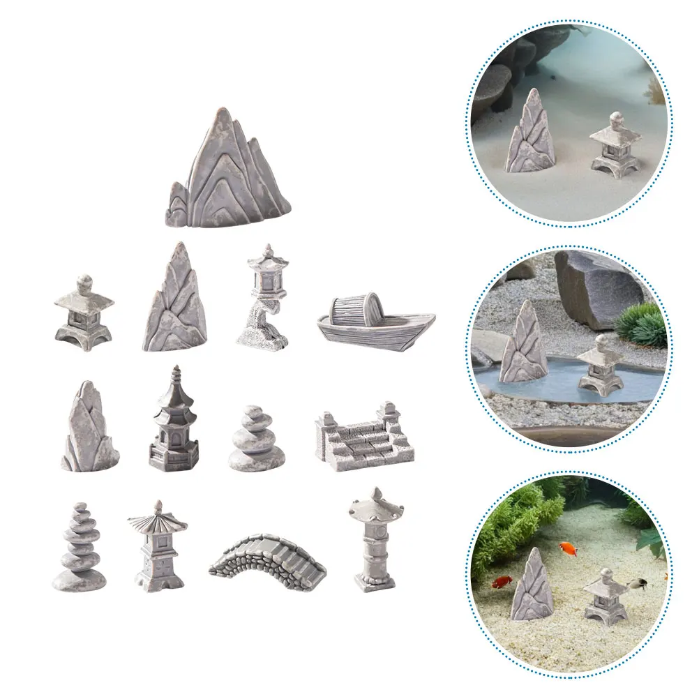 

13pcs Miniature Rockery Ornaments Resin Micro Landscape Mountain Figurines Pagoda Bonsai Decor Garden Statues Sand Table Lawn