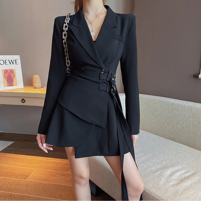 Korean Edition Black Mini Party Suit Dress Women\'s One Piece Office Elegant Dress Fashion Belt Design Long Sleeve Dress