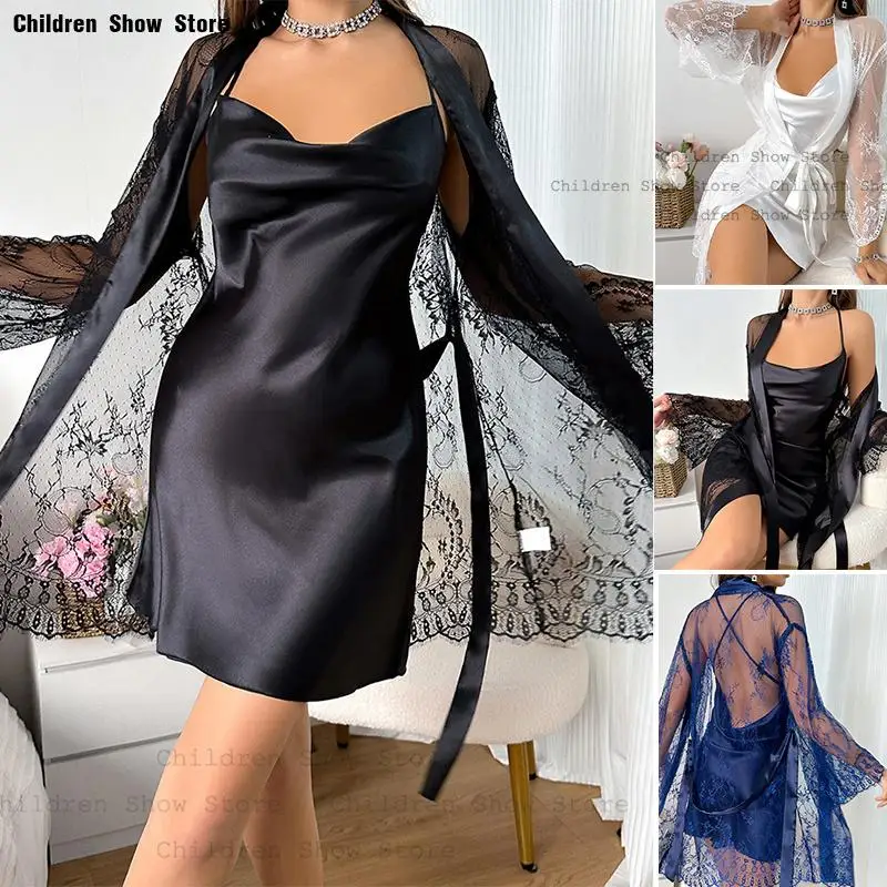 2025 New Sheer Mesh Robe Dress Set Lady Sexy Lace Trim Nightgown Satin Short Lingerie Backless Sling Sleepwear Women Kimono