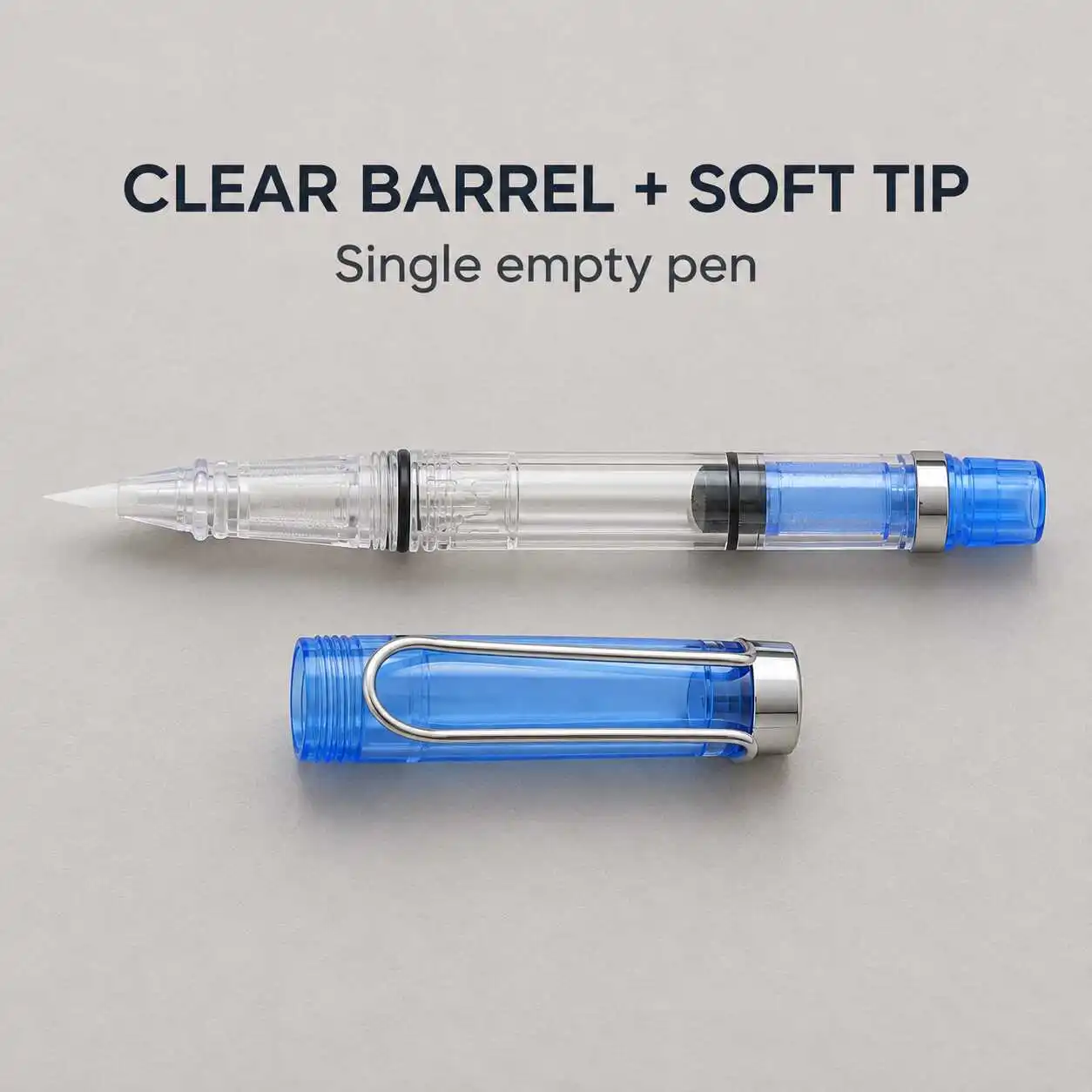 Empty Refillable Fountain Style Soft Brush Pen Clear Barrel Blue Rear Knob Metal Wire Clip Cap Single Piece No Ink