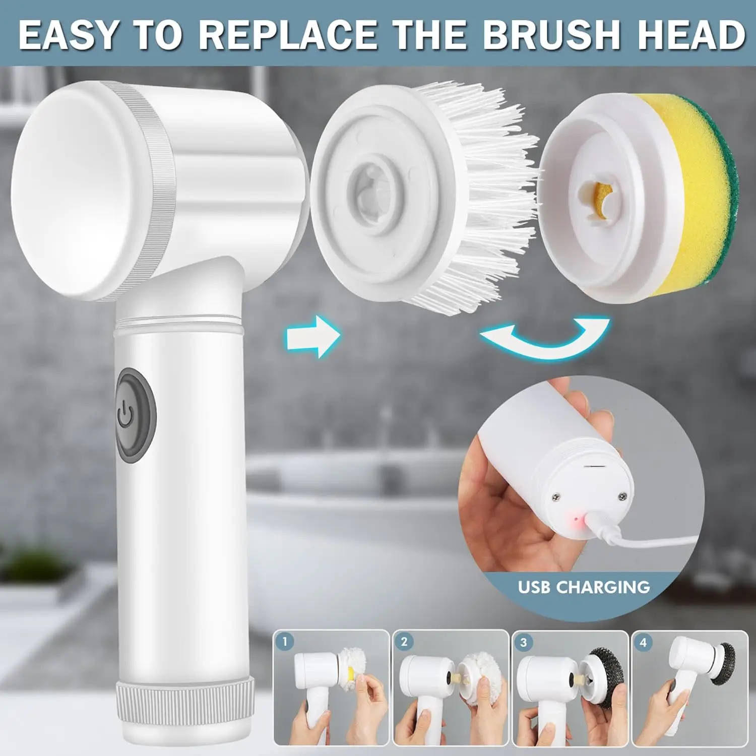 Electric Spin Scrubber Bathroom 5in1 Cleaning Brush Power Scrubber With 5 Replaceable Brush Heads Electric Cleaning Brush