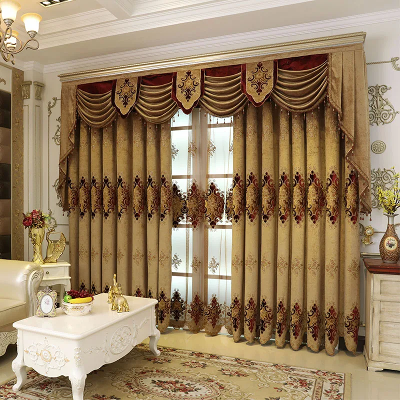 

European Luxury High Quality Brown Wine Red Gold Thread Embroidered Blackout Curtains For Living Room Bedroom Study Kitchen