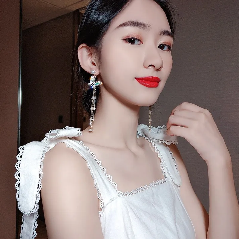 Sweet Butterfly Earrings High Sense Celebrity Style Long Style Pearl Tassels Show Face Thin Crystal Earrings Women's Ornament