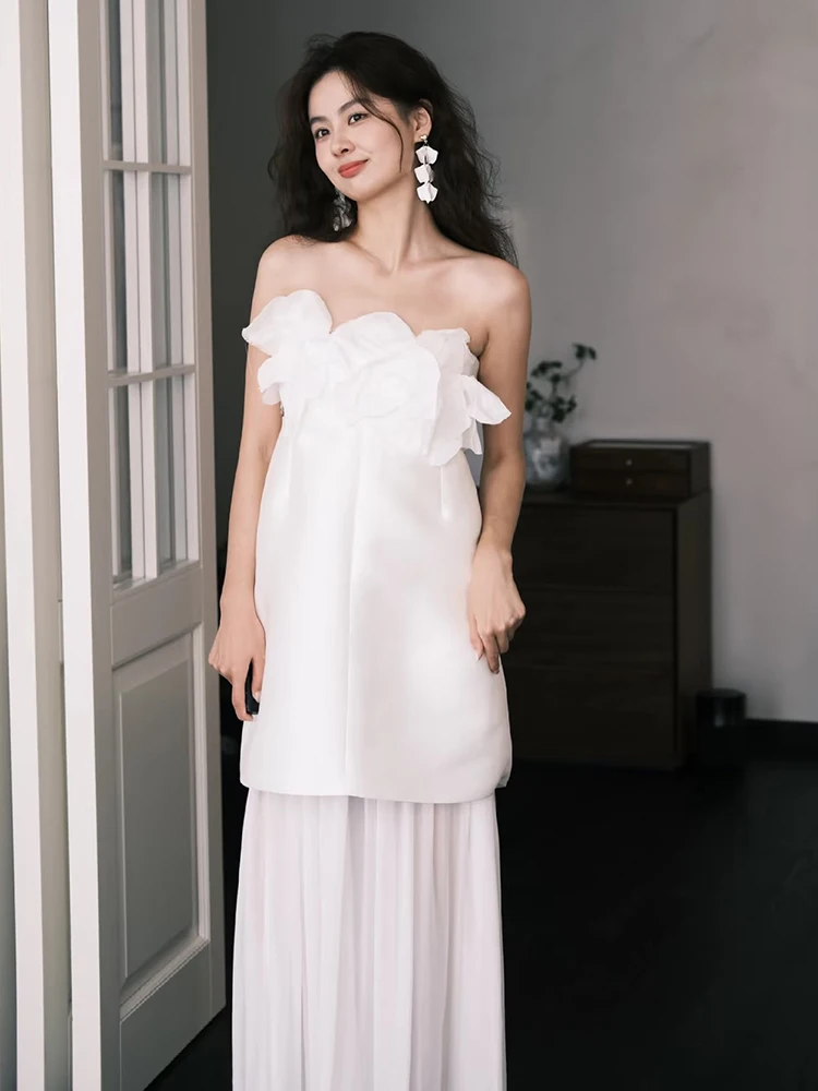 

Белый свадебный утренний халат для женщин, простой, элегантный, с вырезом без бретелек, для помолвки и празднования дня рождения