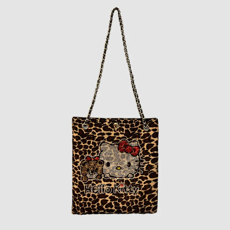 New diamond-encrusted Hello Kitty leopard print ladies one-shoulder diagonal bag mobile phone bag