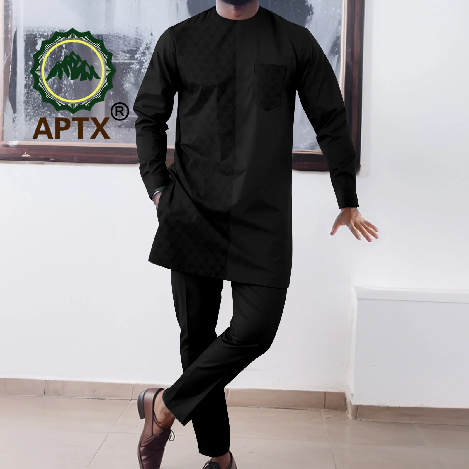 APTX Causal African Men's Suit 2 Piece Set Wedding Clothes Sportswear O-neck Shirt +Pants Abaya Polyester Material A2316100