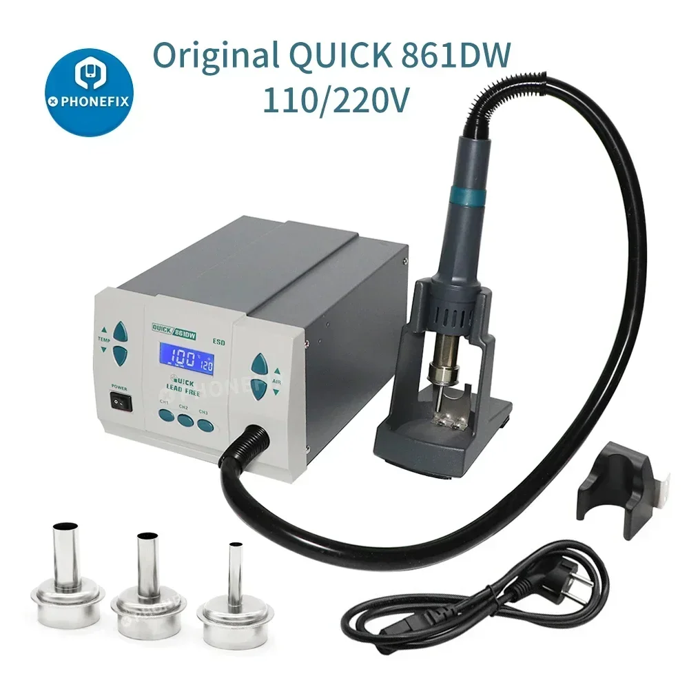 Original QUICK 861DW 1000W Heat Gun Lead Free Hot Air Soldering Station Rework Station+Nozzle With Replace Hot Gun Handle Core