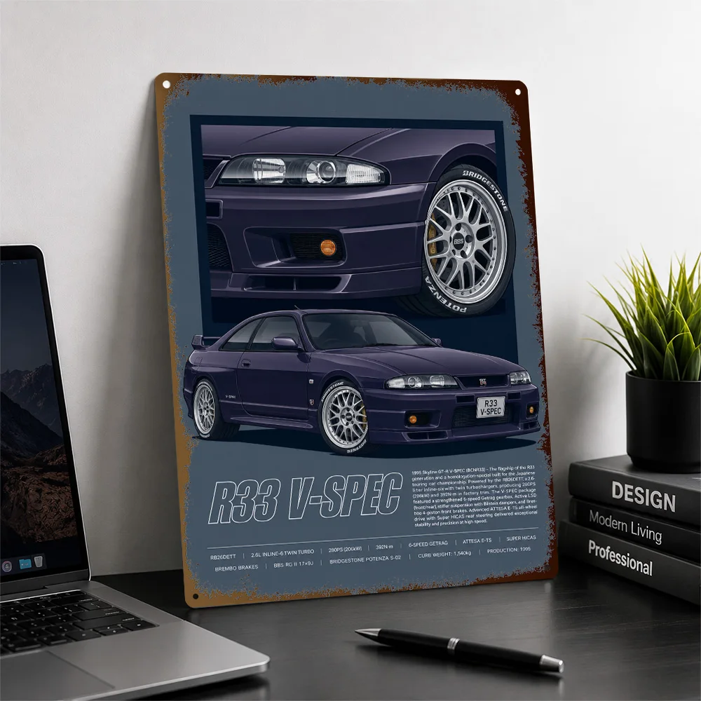 Japan Skyline GT-R R33 V-Spec Purple Sports Car Aluminum Poster Personalized Metal Sign Speed Icon Tribute Wall Art For A Home