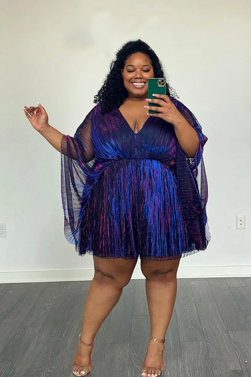 Plus Size Cocktail Party Batwing Sleeves Pleated Metallic Reflective V Neck Mini Dress