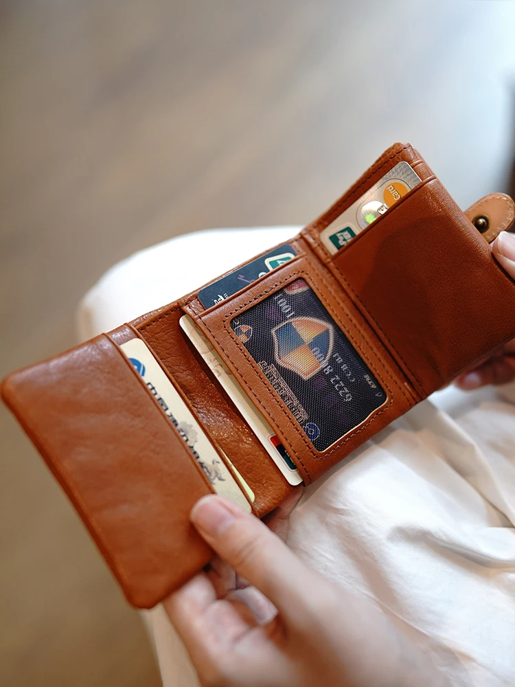 Vegetable Tanning Leather Soft Retro Contrast Color Small Buckle Leather Short Large-Capacity Wallet Wallet for Women