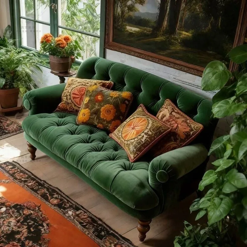 French buckle antique living room retro double sofa American simple fabric bedroom green sofa designer