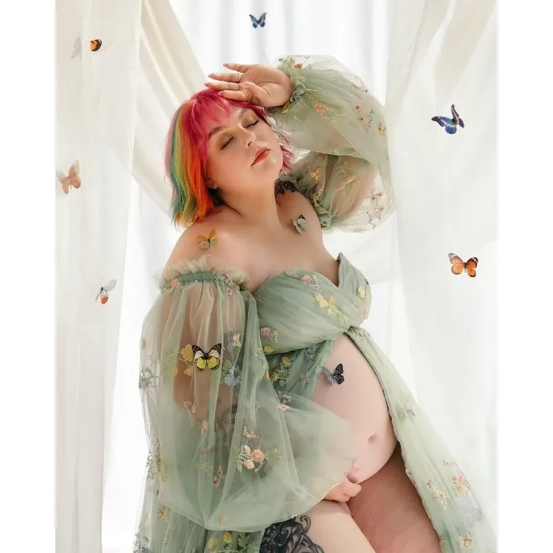 Mother and Daughter Dress - High Slit Gown Embroidery - Puffy Sleeve Baby Shower Maternity Dresses Photoshoot Vestido Maternidad