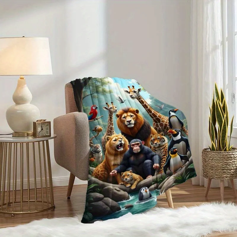 Rainforest Wildlife Flannel Blanket, Multiple Jungle Animals Gathering Scene Pattern Lightweight Throw Blanket for Bed Couch