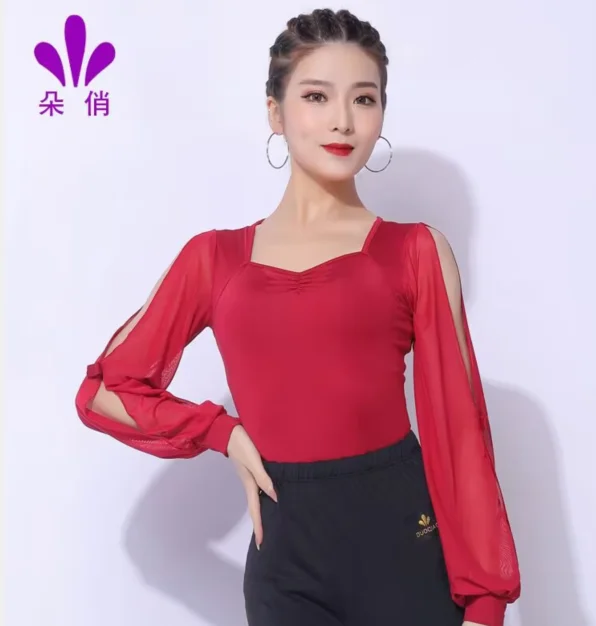 1pcs/lot woman fashion solid latin dancing top lady sexy sleeve ballroom waltz dancing blouse