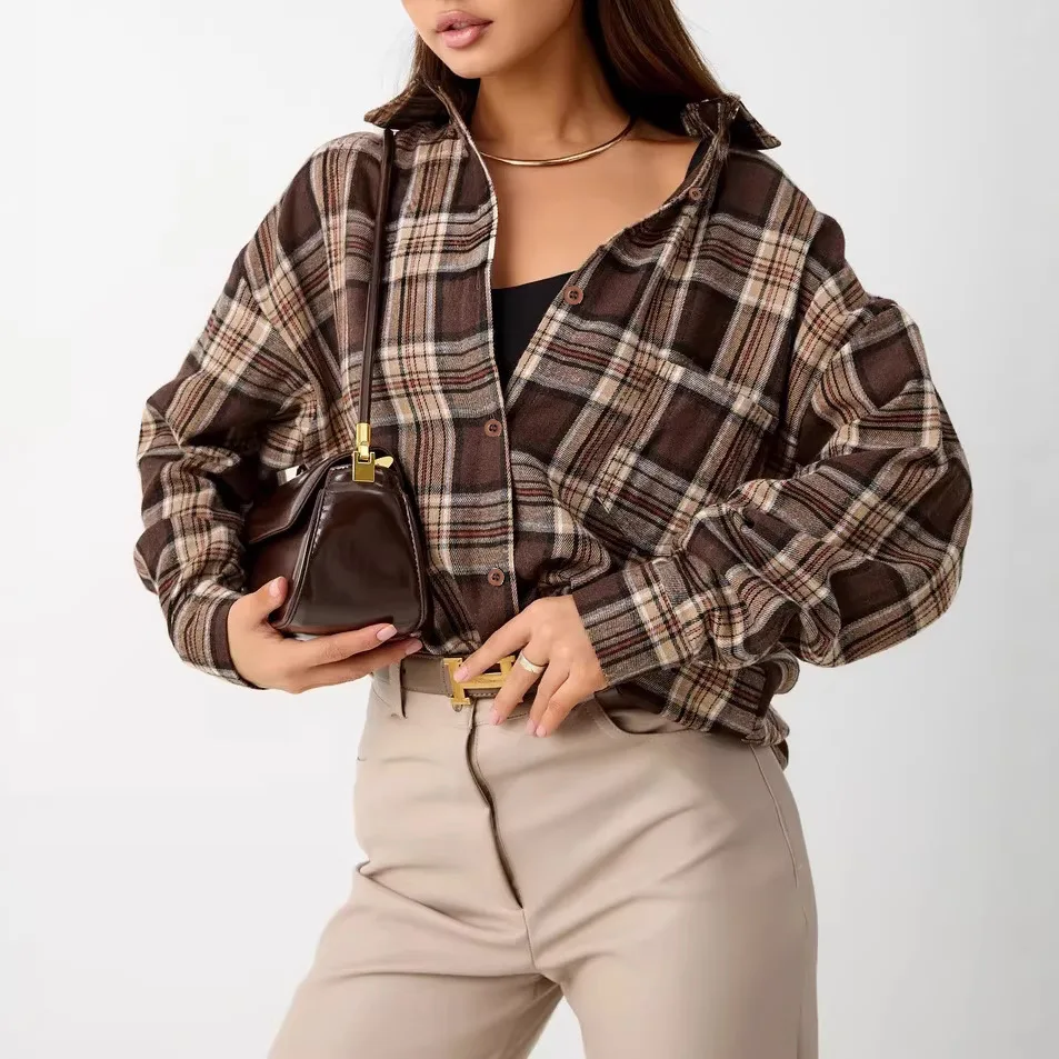 

Women's Long-sleeved Shirt 2026 New Retro Style Versatile Plaid Pocket Casual Shirt