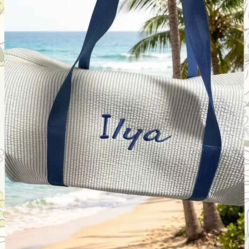 Handmade Custom Hot Selling Bubble Gauze Crossbody Bag,Handbag,Embroidered Name Simple Striped Foldable Travel Bag,Beach Bag