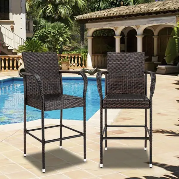 Rattan Bar Stool with Arms, Patio Bar Height Chair, Wicker Outdoor Furniture, 59x59x117.5cm, Set of 2, Customized
