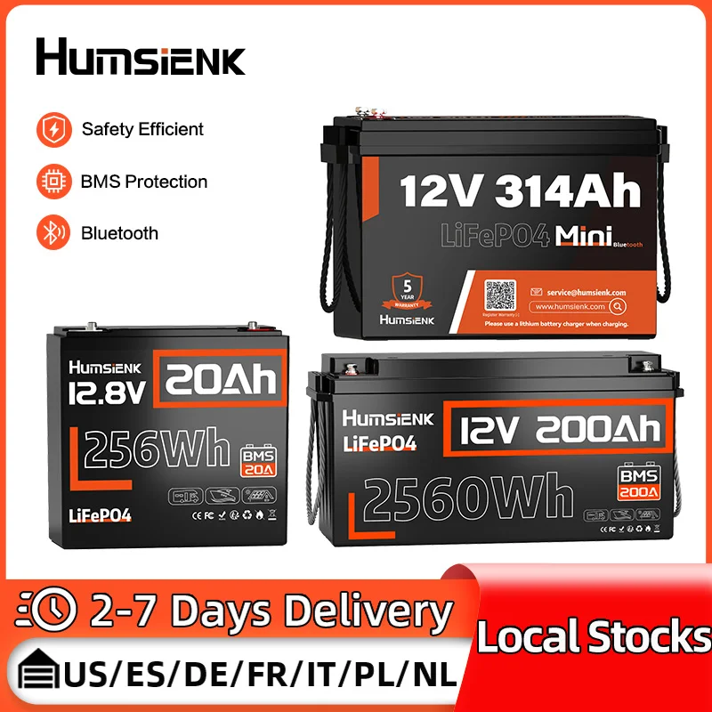 

Humsienk 12V 20Ah 100Ah 200Ah 314Ah LiFePO4 Battery Rechargeable Cells 15000 Cycle BMS For RV/ Vans/ Camping/ Home Storage/Solar