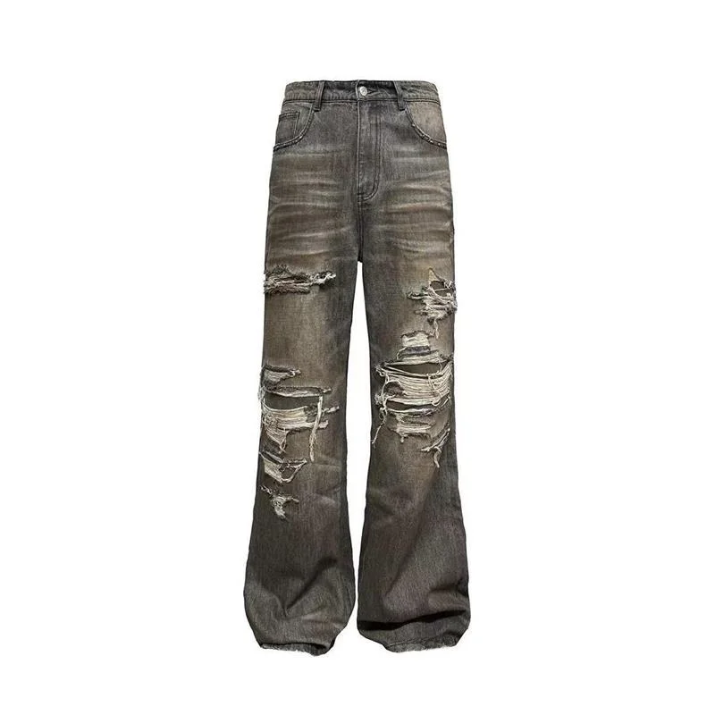 

Retro American Washed Patchwork Men's Jeans Loose Micro Flared Dyeing Small Audience Wide Leg Pants Daily Wear Long Trousers