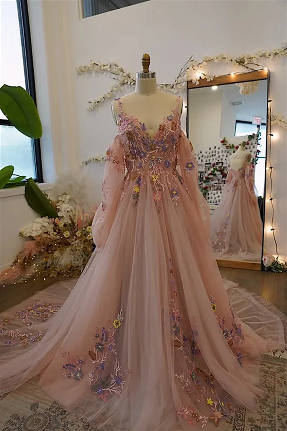 Cathy Pink Tulle Wedding Dresses Lace Embroidery V-neck Evening Dress Elegant Puffy Sleeves Detachable Train vestidos de fiesta