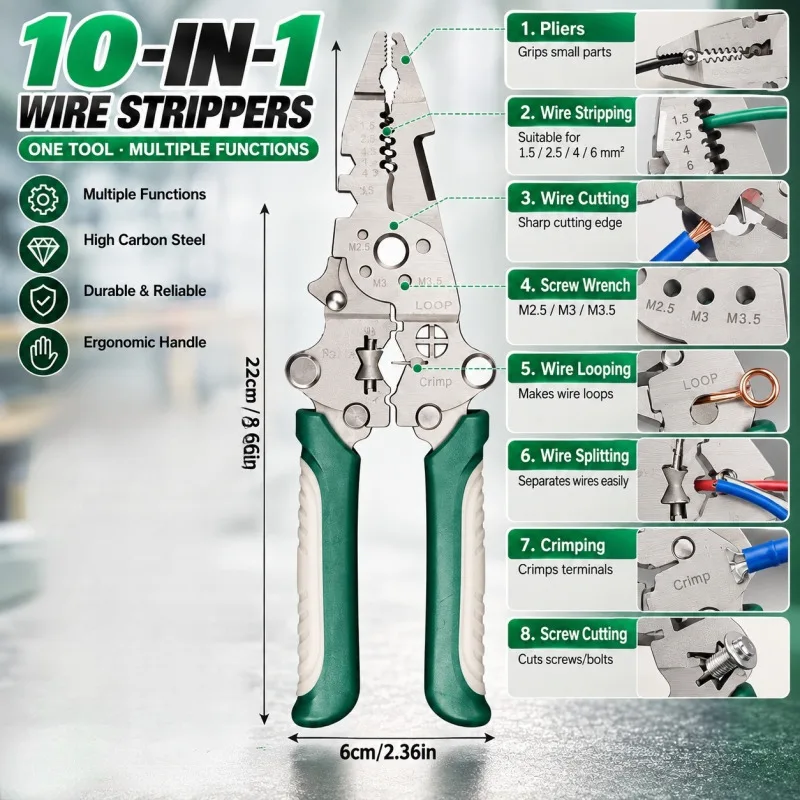 10-In-1 Multifunctional Wire Stripper Electrical Pliers Cable Cutter Crimper Stripping Cutting Wrench Tool For Home DIY Repair