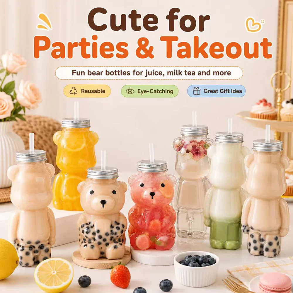 500ml Portable Cartoon Bear Transparent Bottles Cute Reusable Drink Containers for Bubble Tea Juice Milkshake Party Supplies