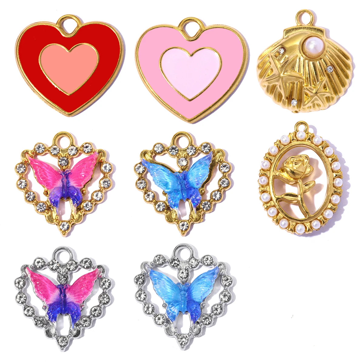 3 pièces/lot de pendentifs en forme de cœur en acier inoxydable émaillé, breloques papillon, strass, fabrication de bijoux pour femmes, vente en gros