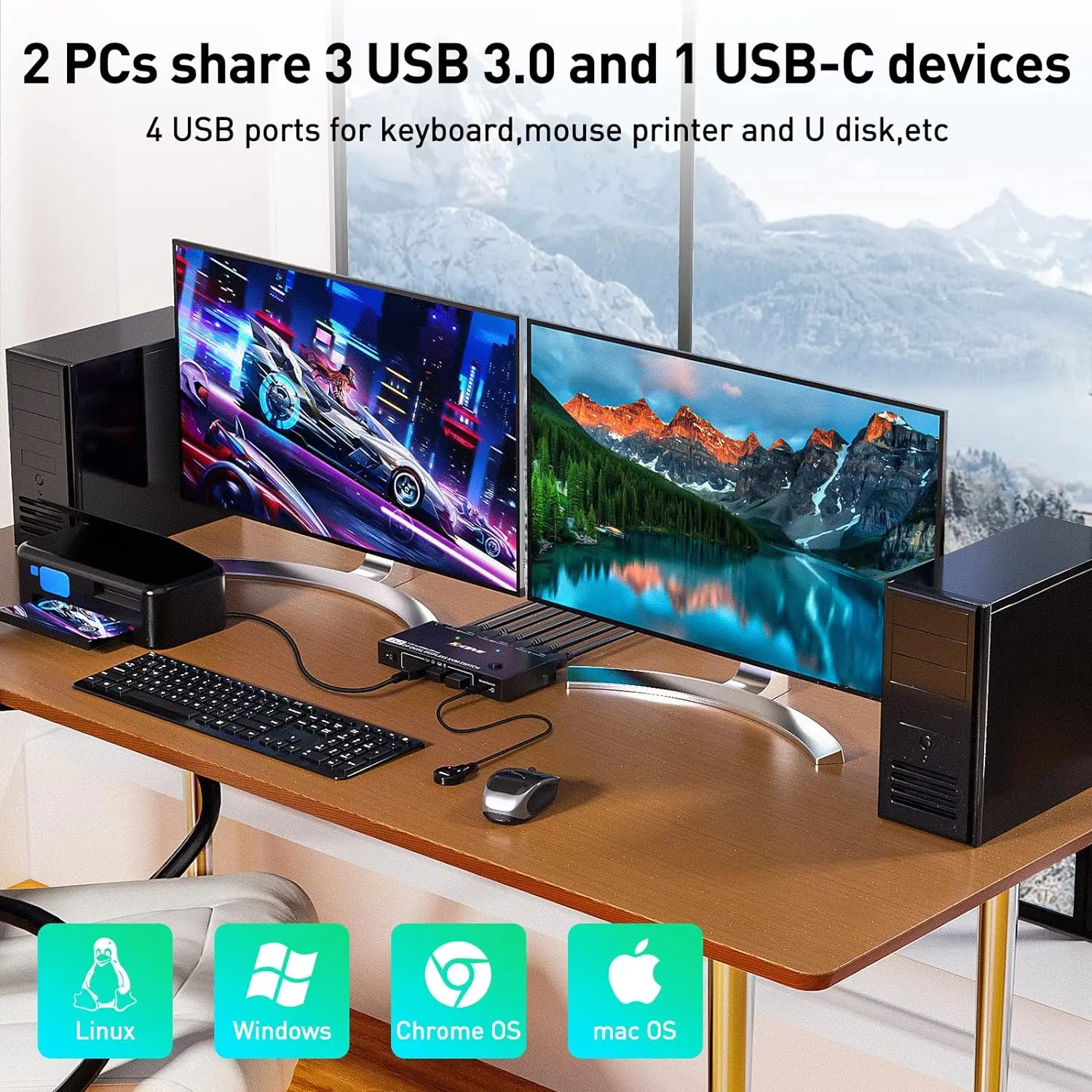 KCEVE Dual Monitor DP 1.4 KVM Switch 4K@60Hz for 2 Computers DP1.4 KVM Switch 2 in 2 Out Backnward Compatible DP1.2 with DP+UBS