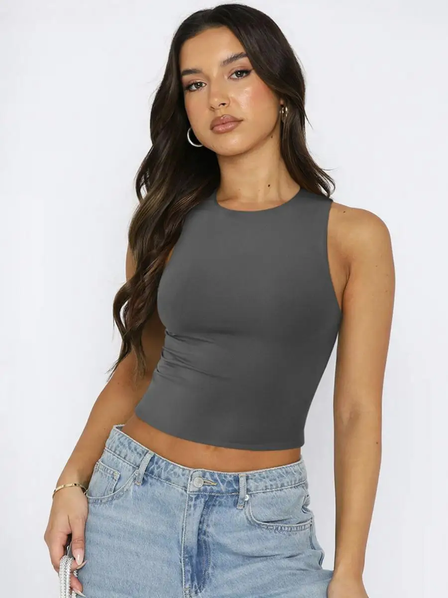 توب نسائي مثير بتصميم Y2K، قصير وضيق بدون أكمام، برقبة مستديرة، ملابس خارجية قصيرة بلون موحد مصنوعة من ألياف ثلاثية الأسيتات