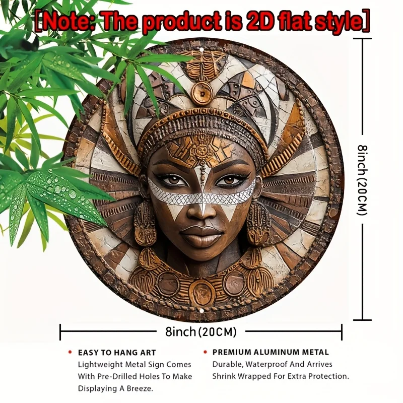2D Flat 1pc 8X8 Inch (20X20 Cm) Round Sign 2D Metal Sign African Goddess Metal Sign Wall Art Decor Fashion Round Home Gift Decor