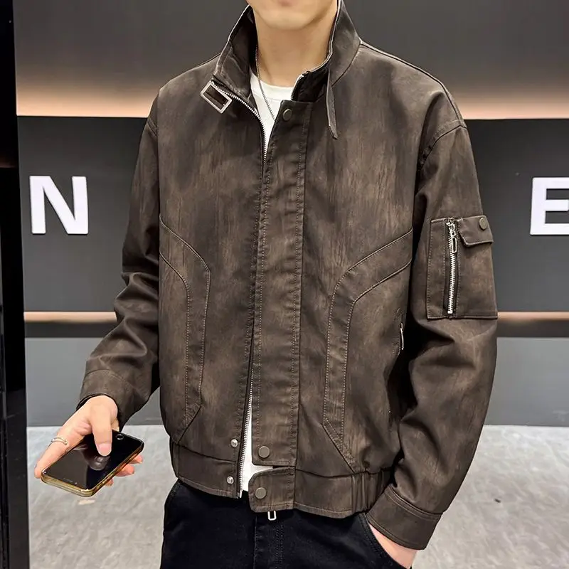 الأصلي صافي الصورة PU957 القهوة بلا جايت فضفاضة تناسب سستة مزين الحديد خالية البوليستر ملابس خارجية غير رسمية للمراهقين