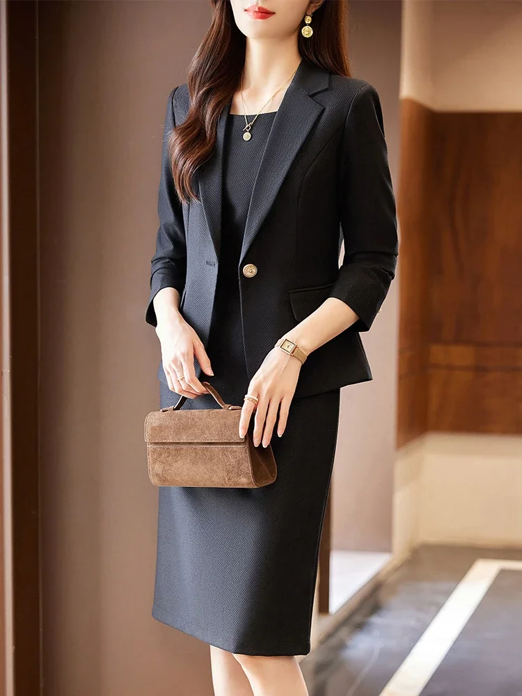 High Quality Autumn Winter Office Ladies Skirt Suit Blazer Black Purple Green Women Business Work Wear Formal Two Piece Set