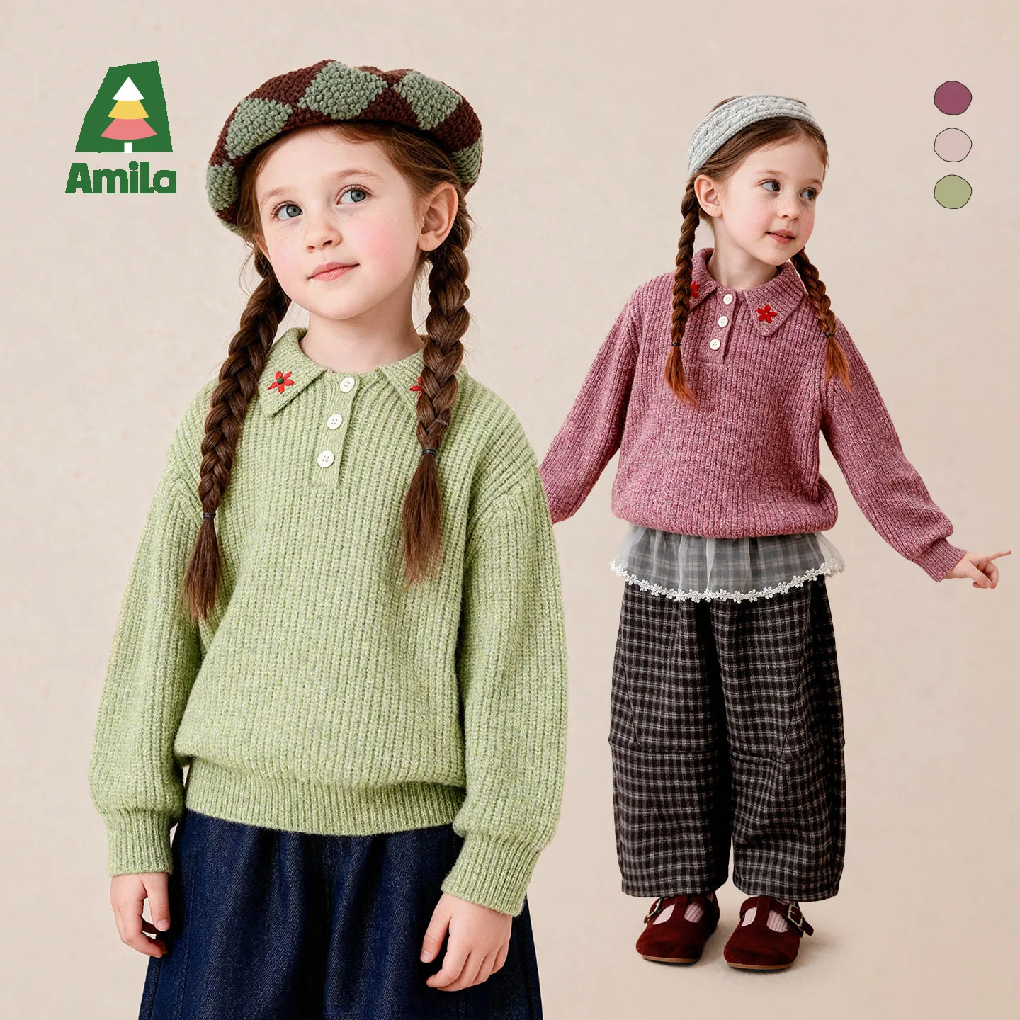 Amila 2026 Winter New Kids Sweater Pastoral Turn Down Collar Heather Texture Warm Thermal Extra Soft Cozy Daily Knitted Top