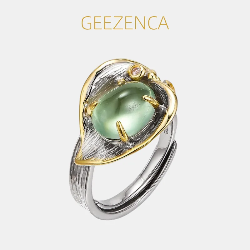 

GEEZENCA 925 Sterling Silver Two Toned Leaf Prehnite Stone Open Ring Women Trendy Luxury Dainty Adjustable Statement Rings Gift