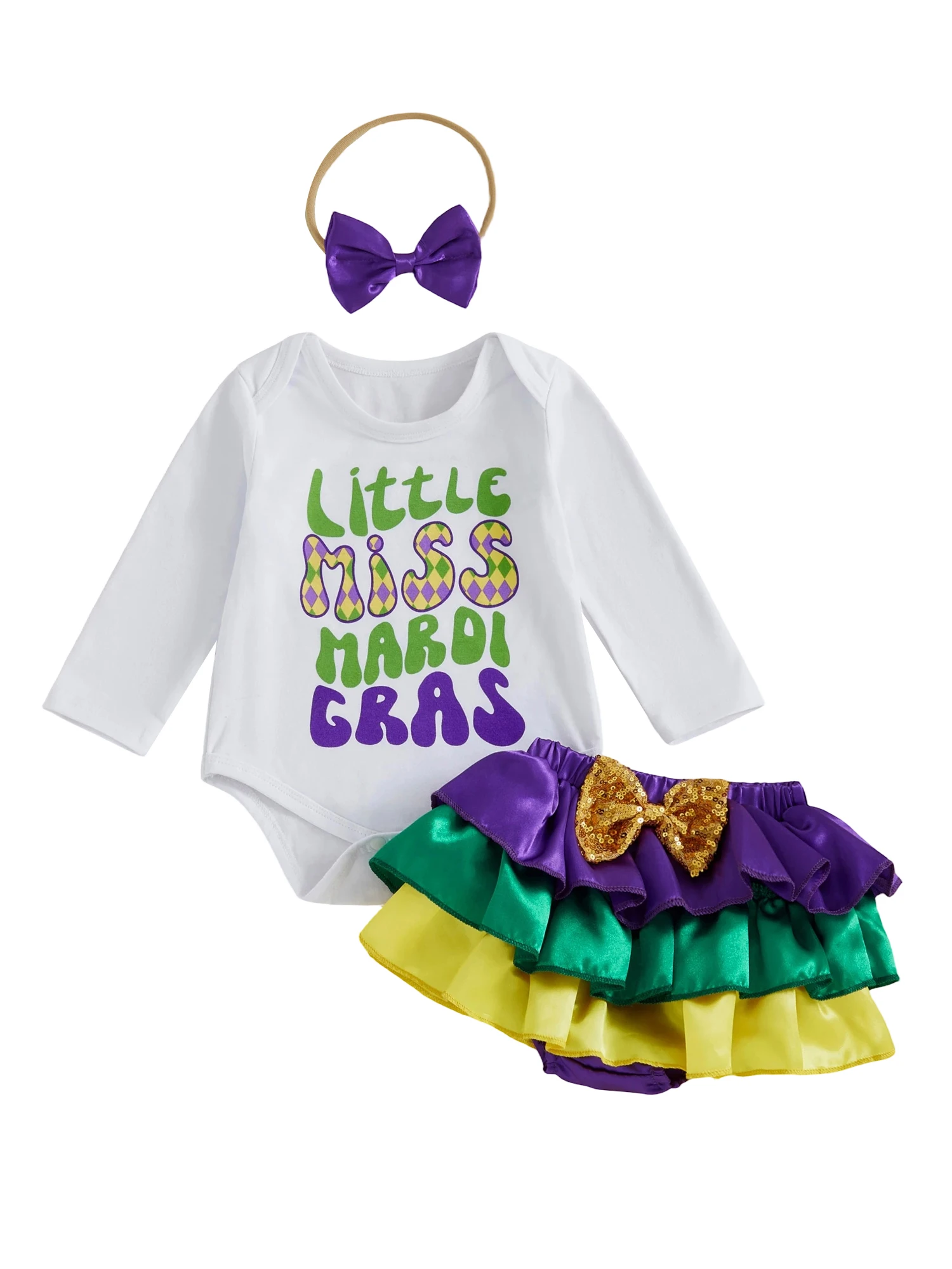 

Baby Girl 3-Piece Set with Long Sleeve Crew Neck Romper Tops Layered Shorts and Headband - Cute Carnival Outfits with Letters