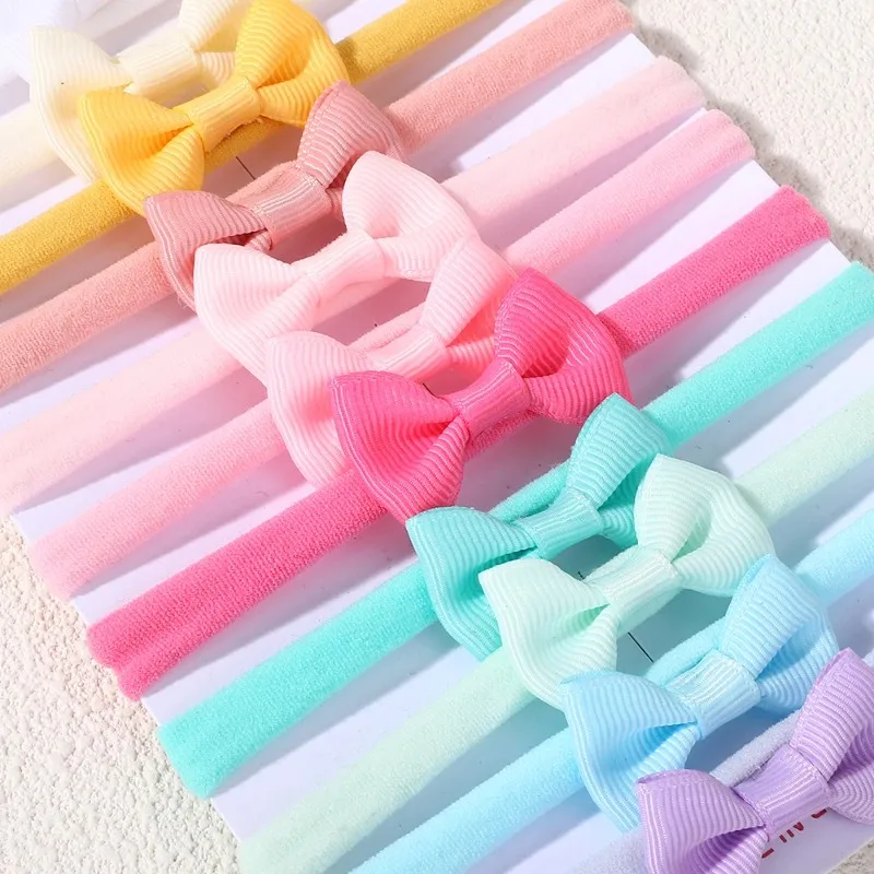 11Pcs Solid Color Bowknot Headband Set Mini Nylon High Elasticity Baby Head Bands Non-Damaging Hair Accessories
