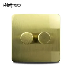 Wallpad H6 2 Gang 2 Way Double LED Dimmer Switch Push On Off Brushed Satin Gold Stainless Steel Panel Metal Button