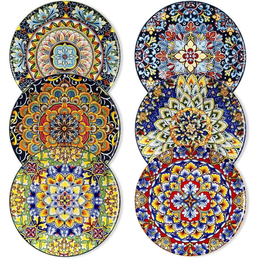 

Set of 6 Colorful Bohemian Style 8.5 Inch Ceramic Salad Plates for Kitchen Small Dinner Plates Ideal for Desserts and Snacks Mi