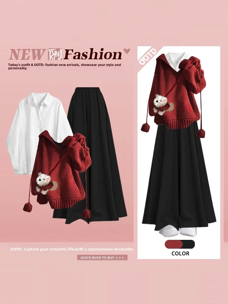 الحلو Fre كسول Sle مقنعين محبوك مجموعة الشتاء طبقات الراقية بنطال ذو قصة أرجل واسعة قطعتين مجموعة Faionable الزي غير الرسمي