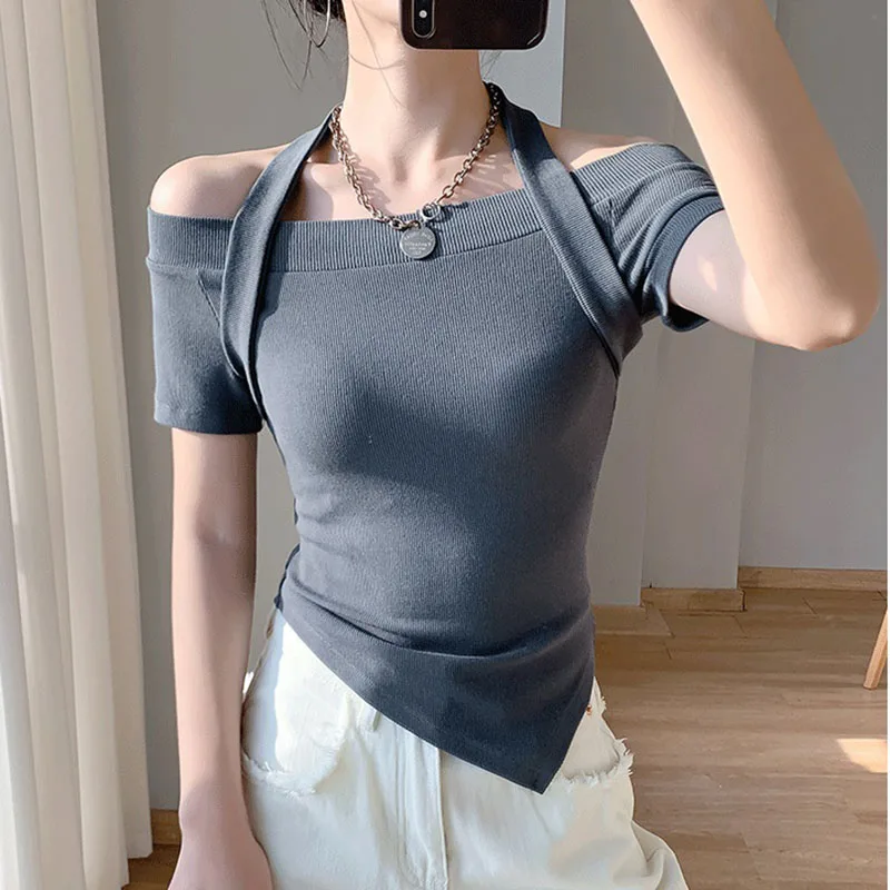 

Sexy Slim Halter T Shirt Woman Korean Style Clothes Women Short Sleeve T Shirts 2023 Summer Cotton Crop Top T-Shirt Camisetas