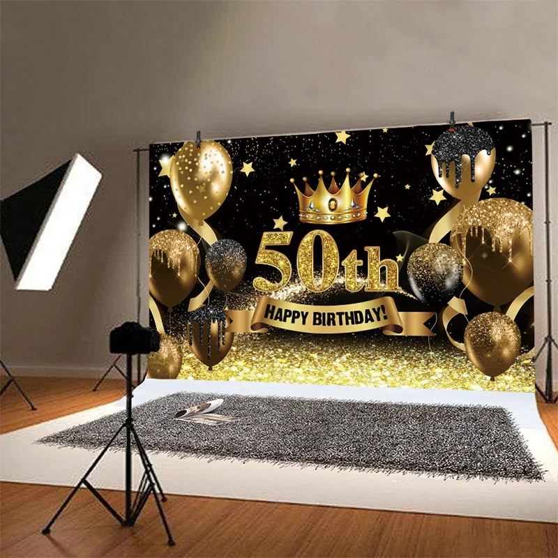 Black Gold 50th Photo Backdrop Lady Men Happy Birthday Party Balloon Fifty Years Photograph Background Banner Decoration Prop