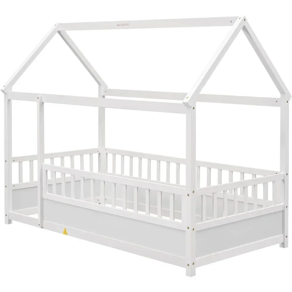 Lit jumeau au sol Montessori, lit jumeau avec clôture, maison jumelle pour enfants, filles, garçons, blanc