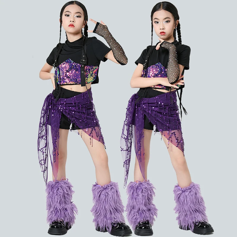 

Purple Sequin Girls Group Competition Outfits Girls Jazz Hip Hop Dance Costume Children Street Dance Performance Clothes XH2713