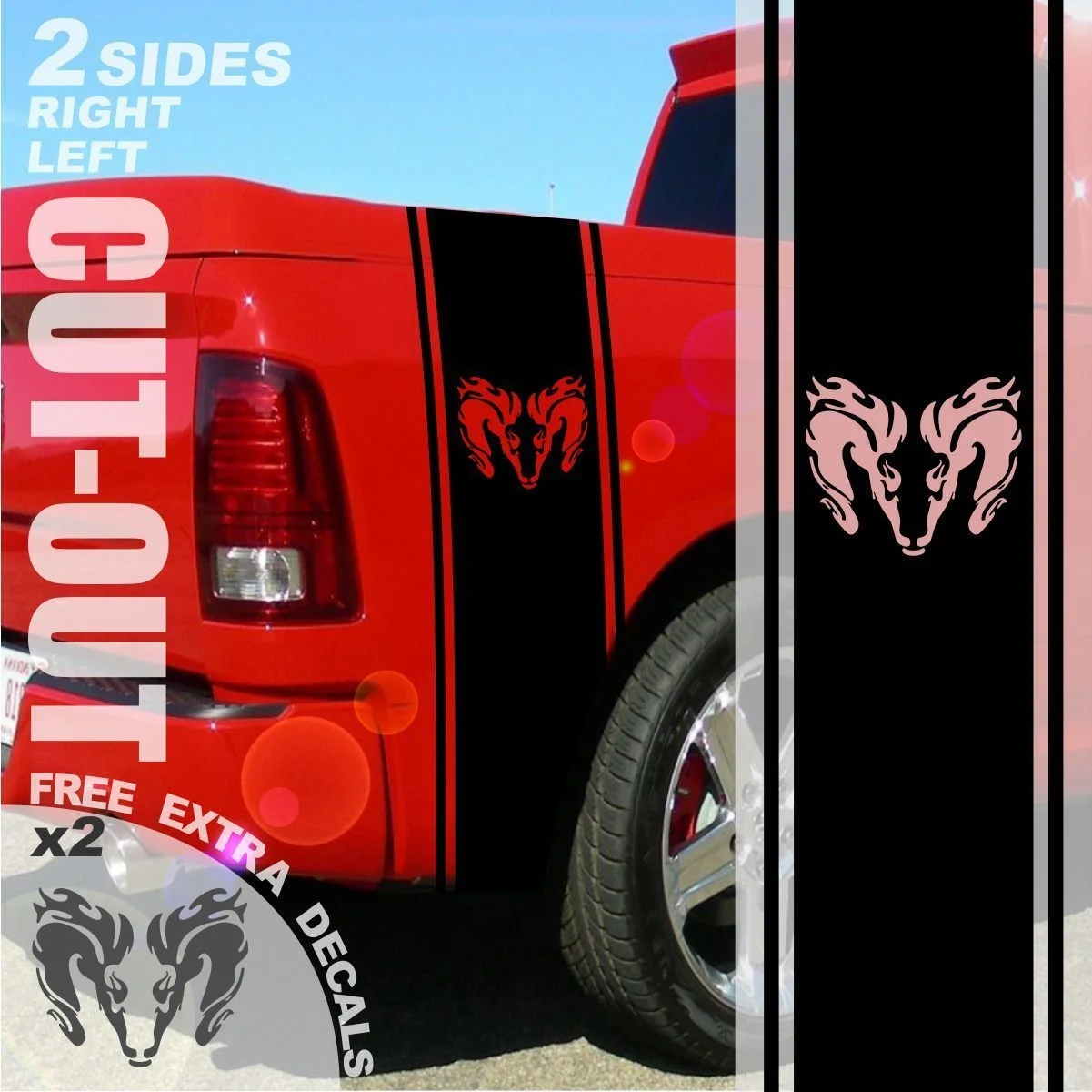 For 1500 2500 3500 Truck Bed Side Stripe Flaming Ram Head Dodge Decal Sticker DS-015