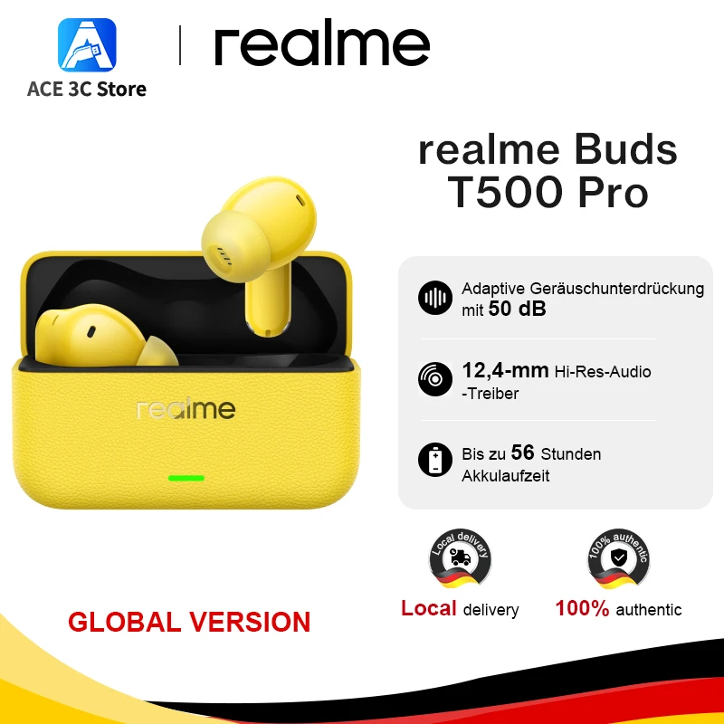 Globale Version realme Buds T500 Pro Kopfhörer 50 dB adaptive Geräuschunterdrückung IP55 kabelloser Kopfhörer